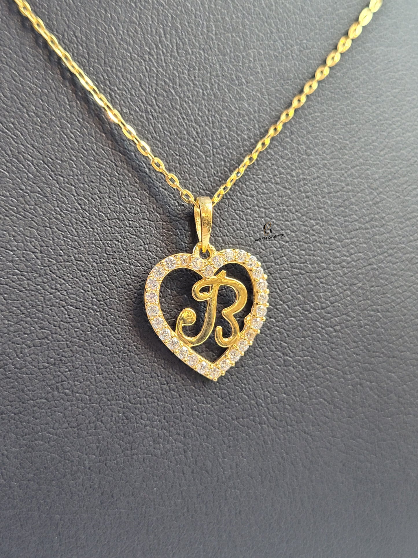 B STONE INITIAL SCRIPT HEART PENDANT