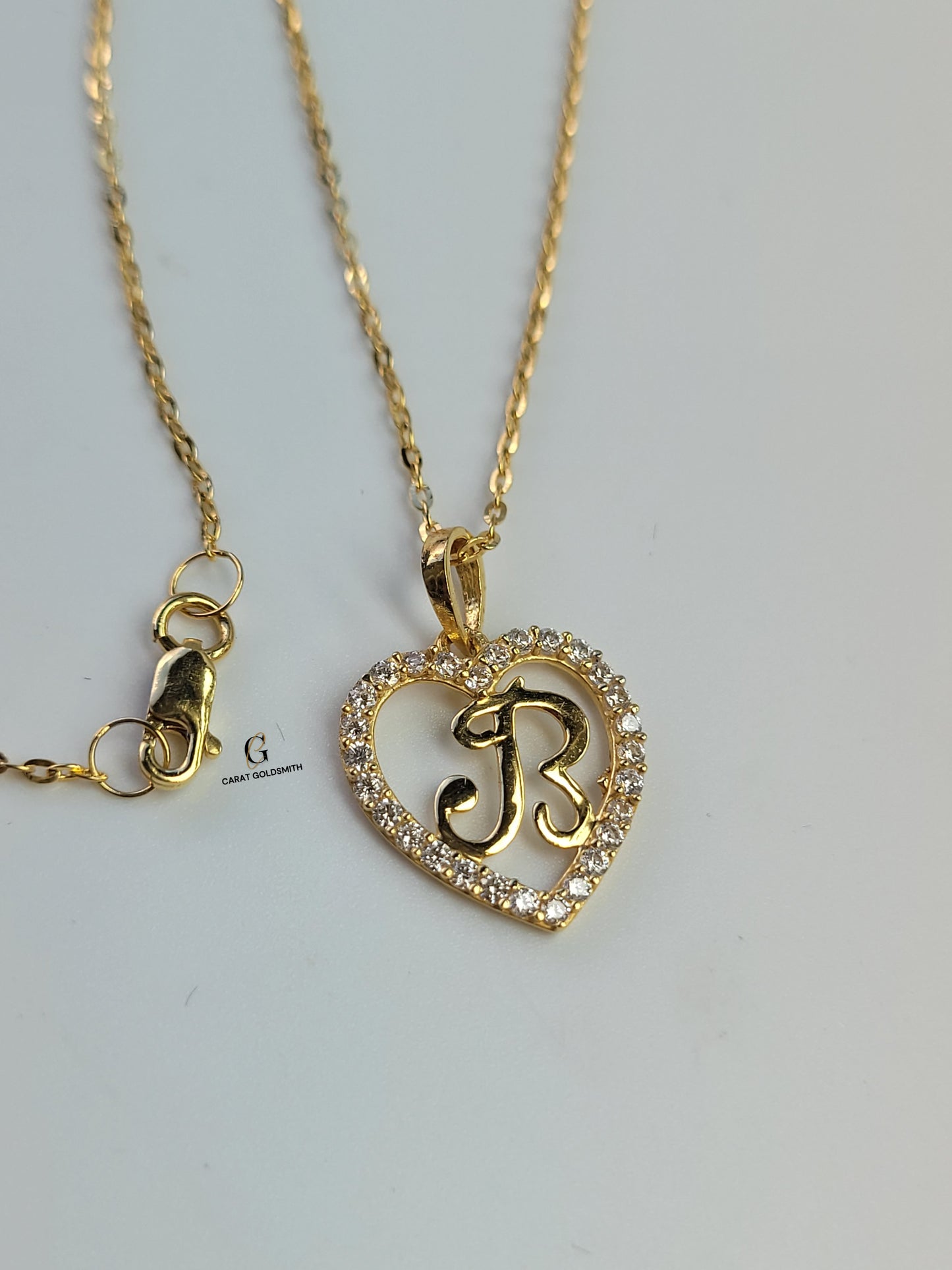 B STONE INITIAL SCRIPT HEART PENDANT